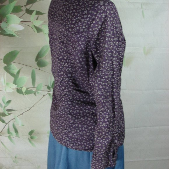 Purple Dainty Floral Long Adjustable Sleeve Ruche Button Front Scallop Hem Large - Picture 12 of 16